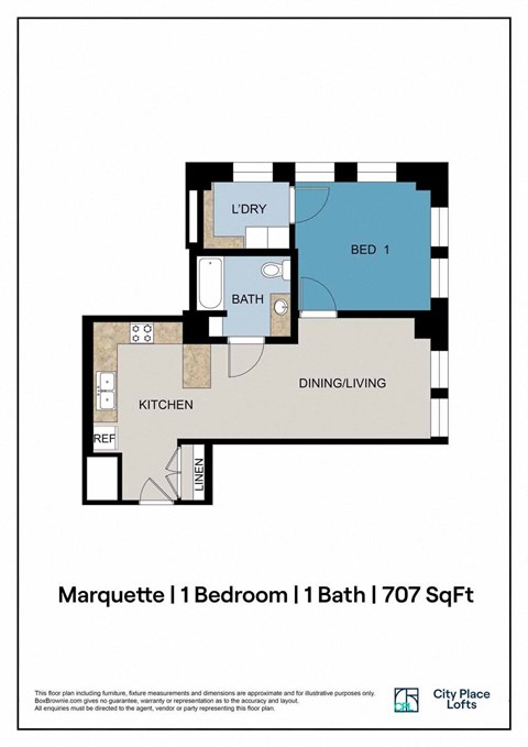A floor plan for a 1 bedroom, 1 bathroom apartment at City Place Lofts.